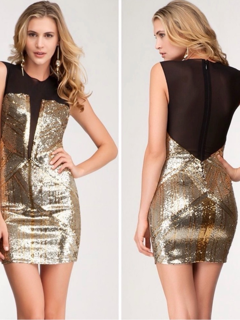 BEBE Gold Sequined and Black Mesh Bodycon Dress